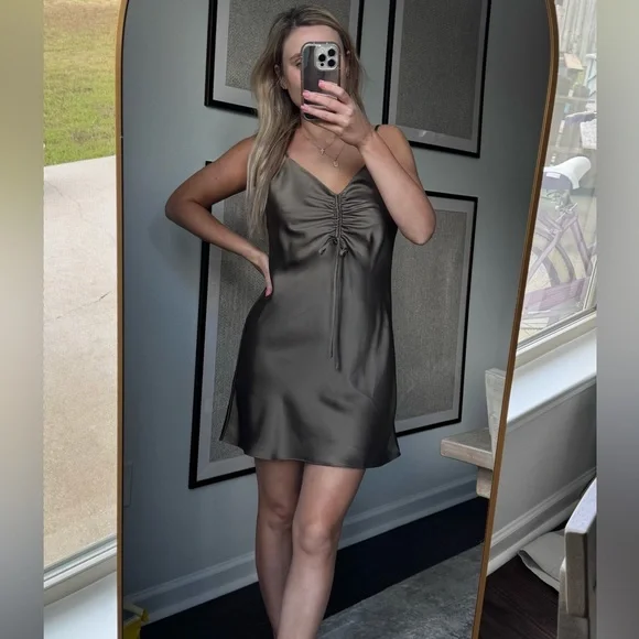 Sleek Satin Ruched Olive Green Midi Slip Flowy Dress - Picture 2 of 9